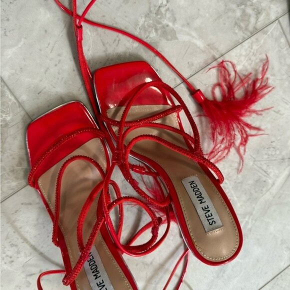 Steve Madden Red Lace-Up Heels w/ Feather Detail | Size 6 ❤️ - Picture 3 of 6